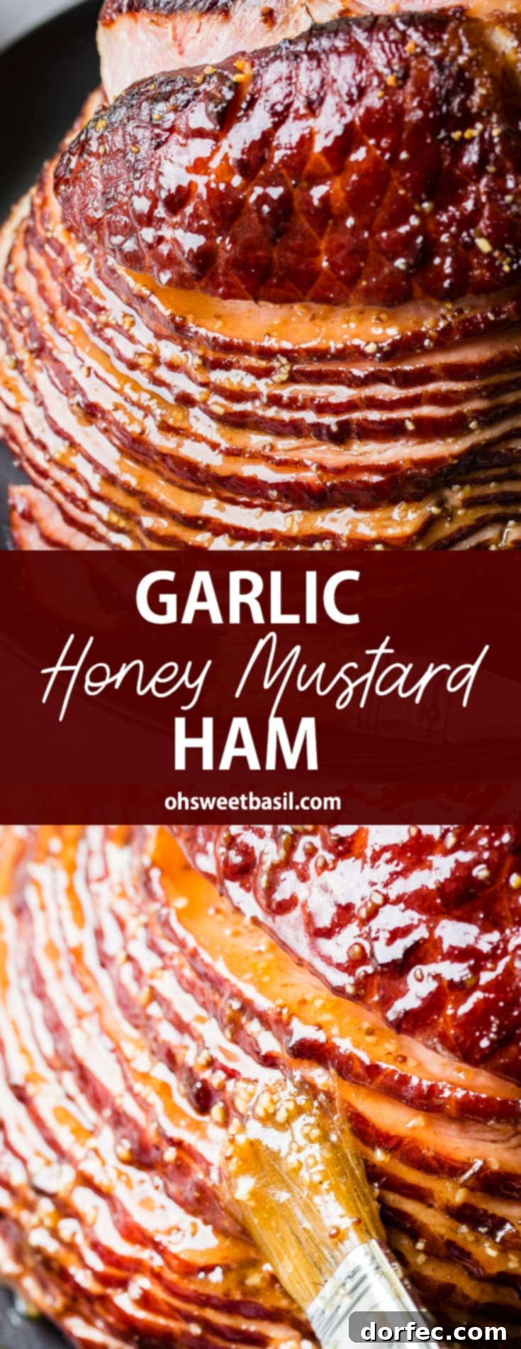 A vibrant close-up of a perfectly glazed spiral ham, generously coated with a glistening honey mustard sauce, served on a sophisticated black platter with a basting brush nearby.