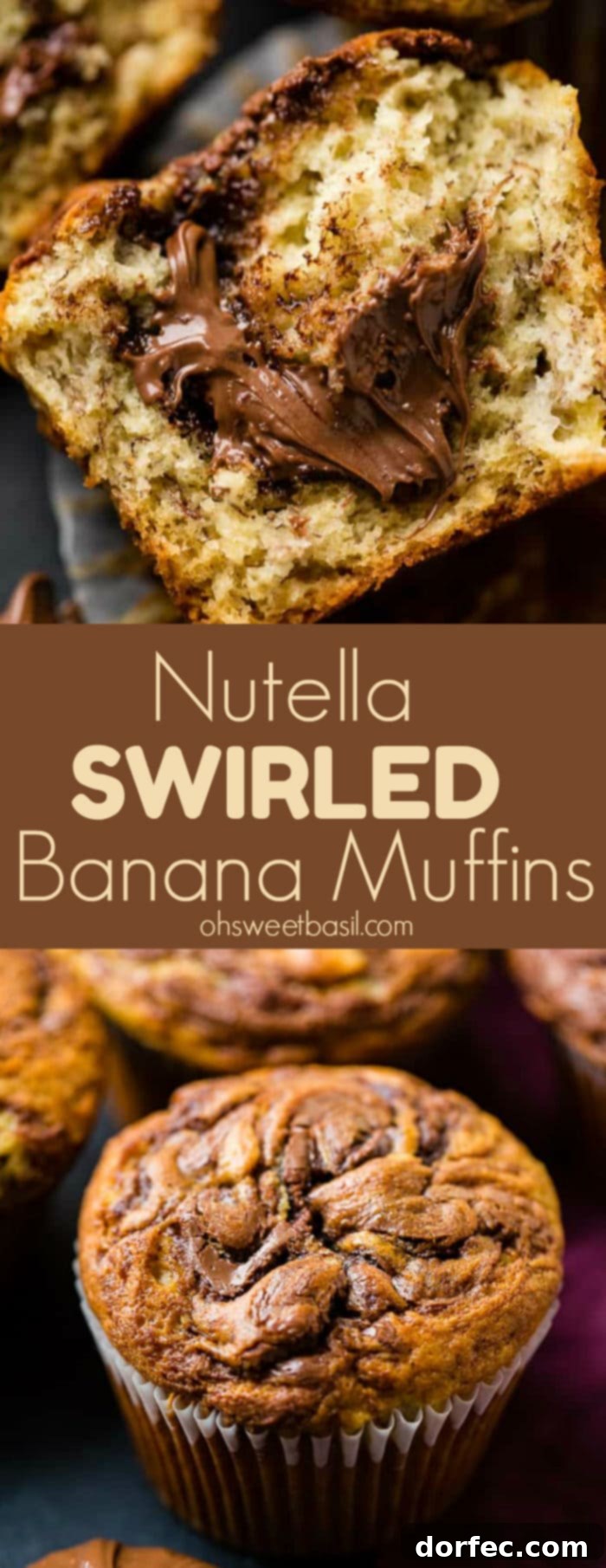 A beautifully baked Nutella swirled banana muffin, with melted Nutella oozing enticingly from its center, surrounded by more golden muffins in a soft-focus background, ready for enjoyment.