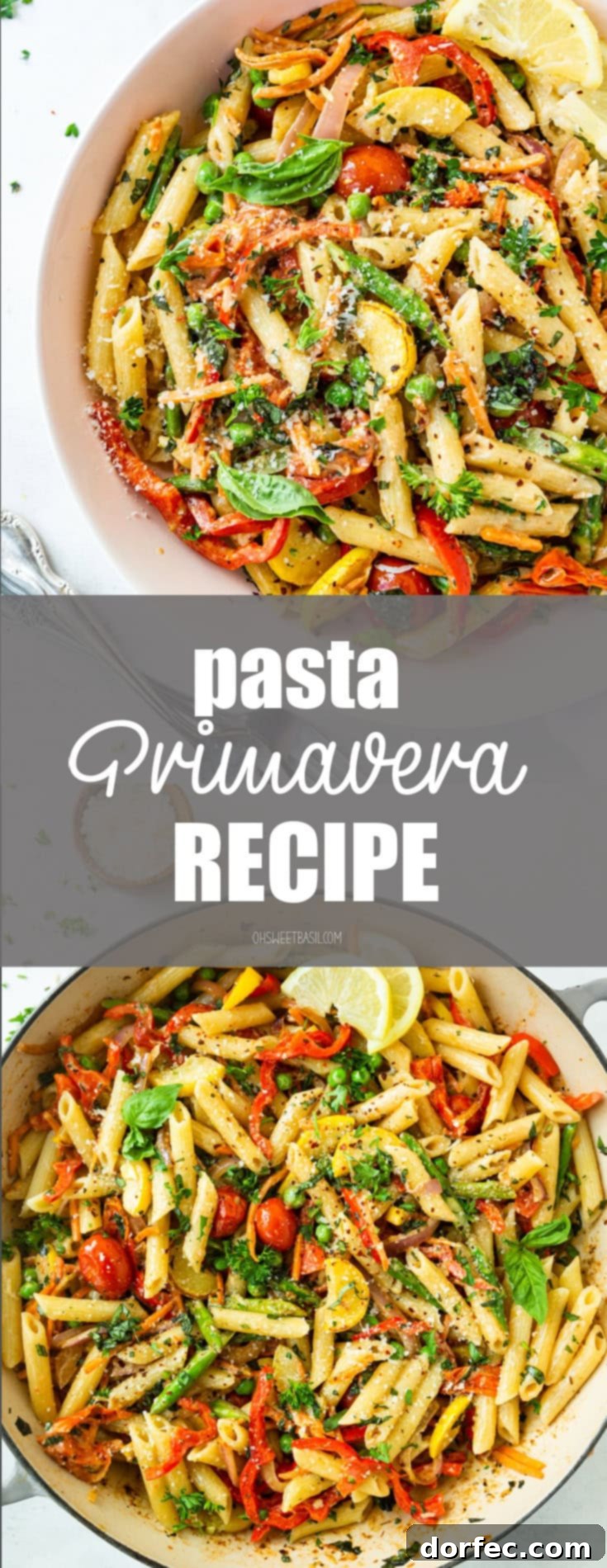 Vibrant Spring Pasta Primavera Recipe 9 A beautiful photo of a bowl filled with colorful Pasta Primavera, showcasing penne pasta, sliced red bell peppers, yellow squash, red onions, and an assortment of fresh herbs, ready for serving.