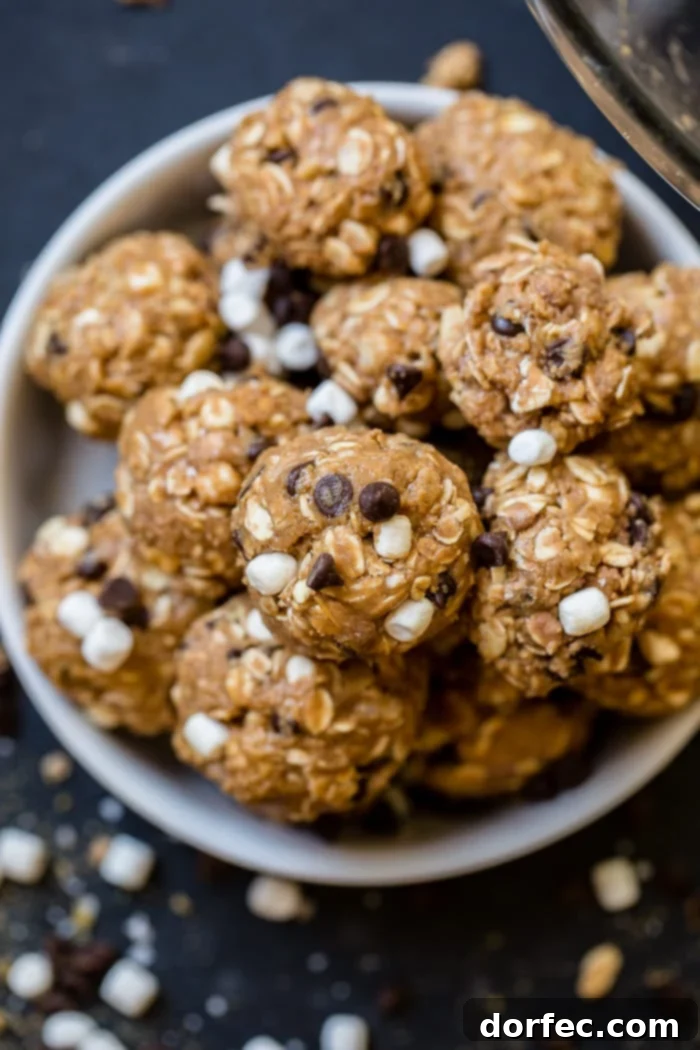 A black board with mini marshmallows, mini chocolate chips, and graham cracker crumbs sprinkled everywhere with protein no bake s'mores energy bites