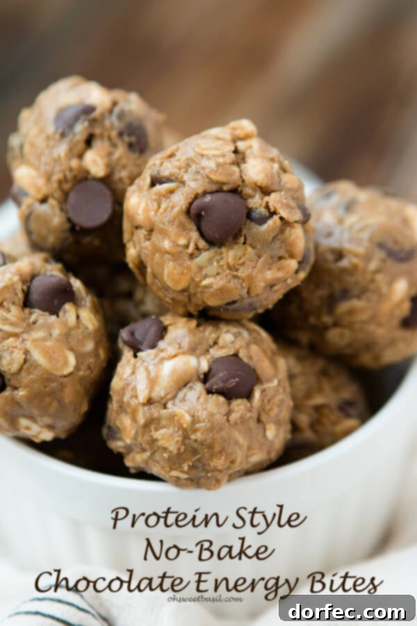 Protein no bake chocolate energy bites for the best snack ever! ohsweetbasil.com Heatlhy snack that tastes like cookie dough!