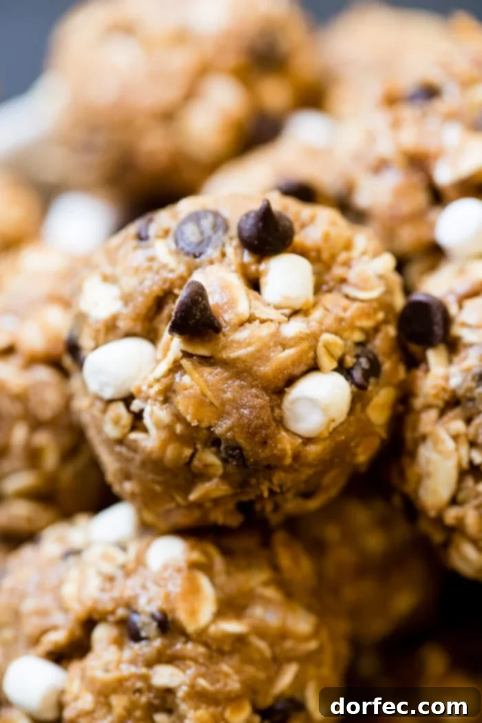 A black board with mini marshmallows, mini chocolate chips, and graham cracker crumbs sprinkled everywhere with protein no bake s'mores energy bites