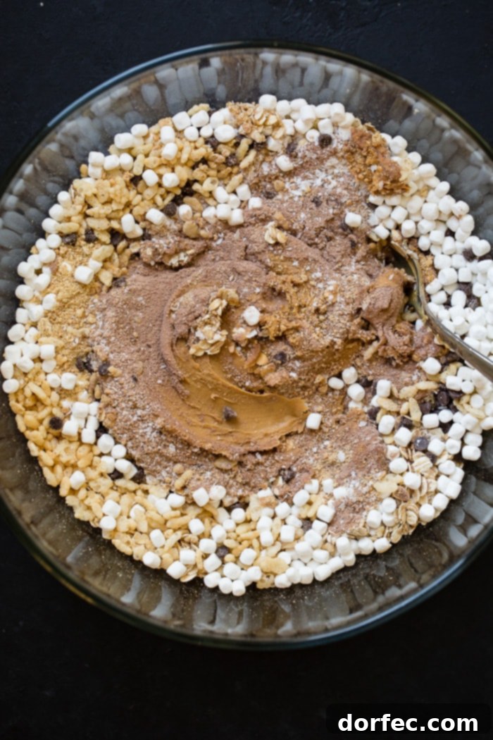 a bowl with the ingredients to make no bake protein s'mores energy bites