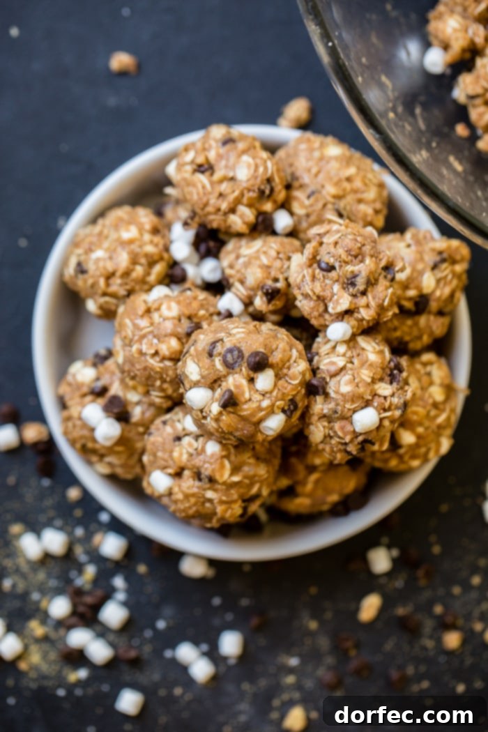 A black board with mini marshmallows, mini chocolate chips, and graham cracker crumbs sprinkled everywhere with protein no bake s'mores energy bites