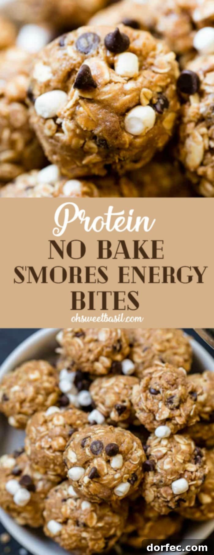 A black board with mini marshmallows, mini chocolate chips, and graham cracker crumbs sprinkled everywhere with protein no bake s'mores energy bites