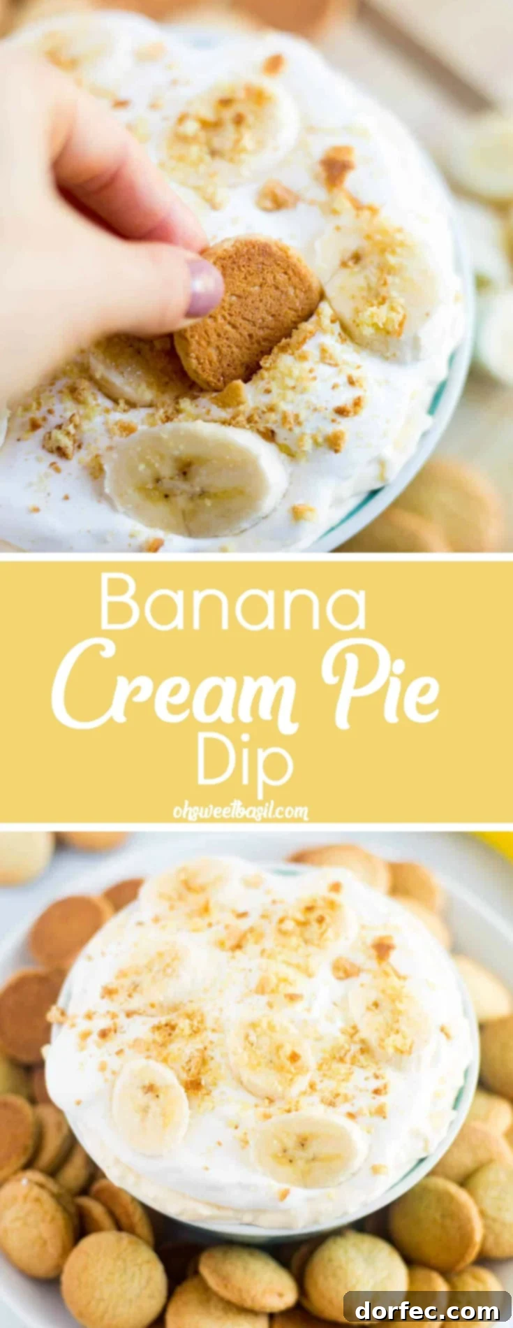 A bowl of delicious banana cream pie dip with bananas and nilla wafers crushed on top
