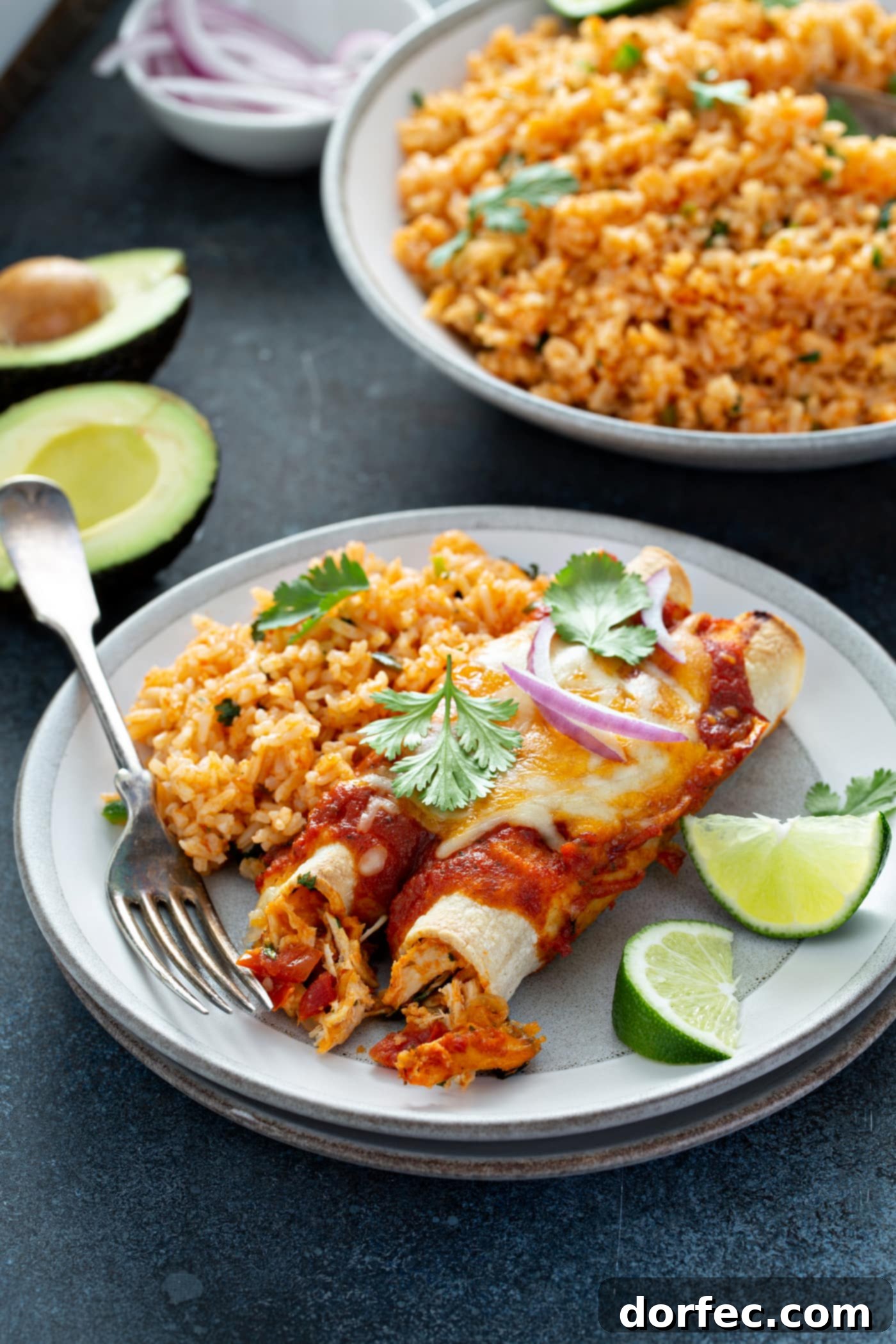 Red Chicken Enchiladas A serving plate with two enchiladas, Spanish rice, and two lime wedges. Cilantro leaves are sprinkled on top of the enchiladas. There is a bowl of Spanish rice and an avocado that is cut in half in the background.
