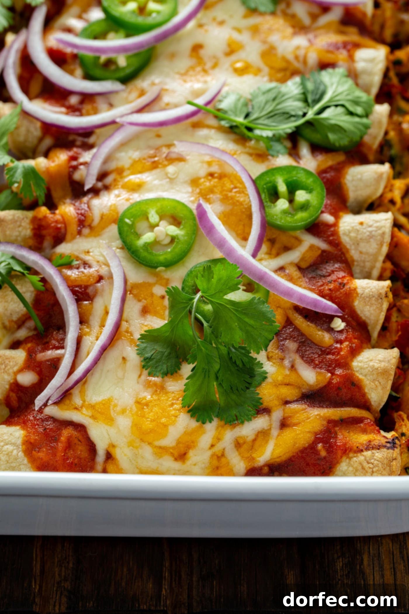 Red Chicken Enchiladas A baking dish filled with rec chicken enchiladas fresh from the oven. They are topped with red sauce, melted cheese, cilantro leaves, sliced jalapeno, and sliced red onion.