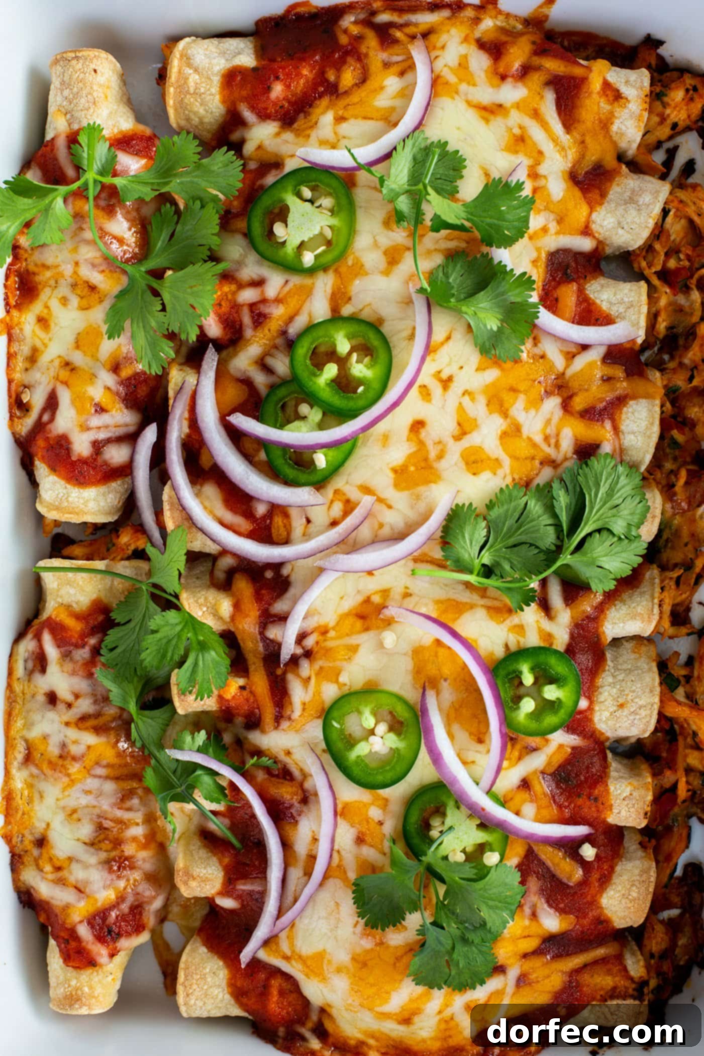 Red Chicken Enchiladas A close-up of a baking dish filled with baked red chicken enchiladas topped with red sauce, melted cheese, cilantro leaves, slices of red onion, and slices of jalepeno.