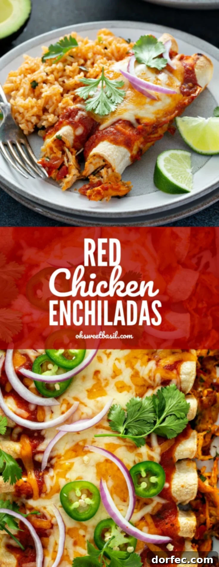Spicy Red Chicken Enchiladas 3 A serving plate with two enchiladas, Spanish rice, and two lime wedges. Cilantro leaves are sprinkled on top of the enchiladas. There is a bowl of Spanish rice and an avocado that is cut in half in the background.