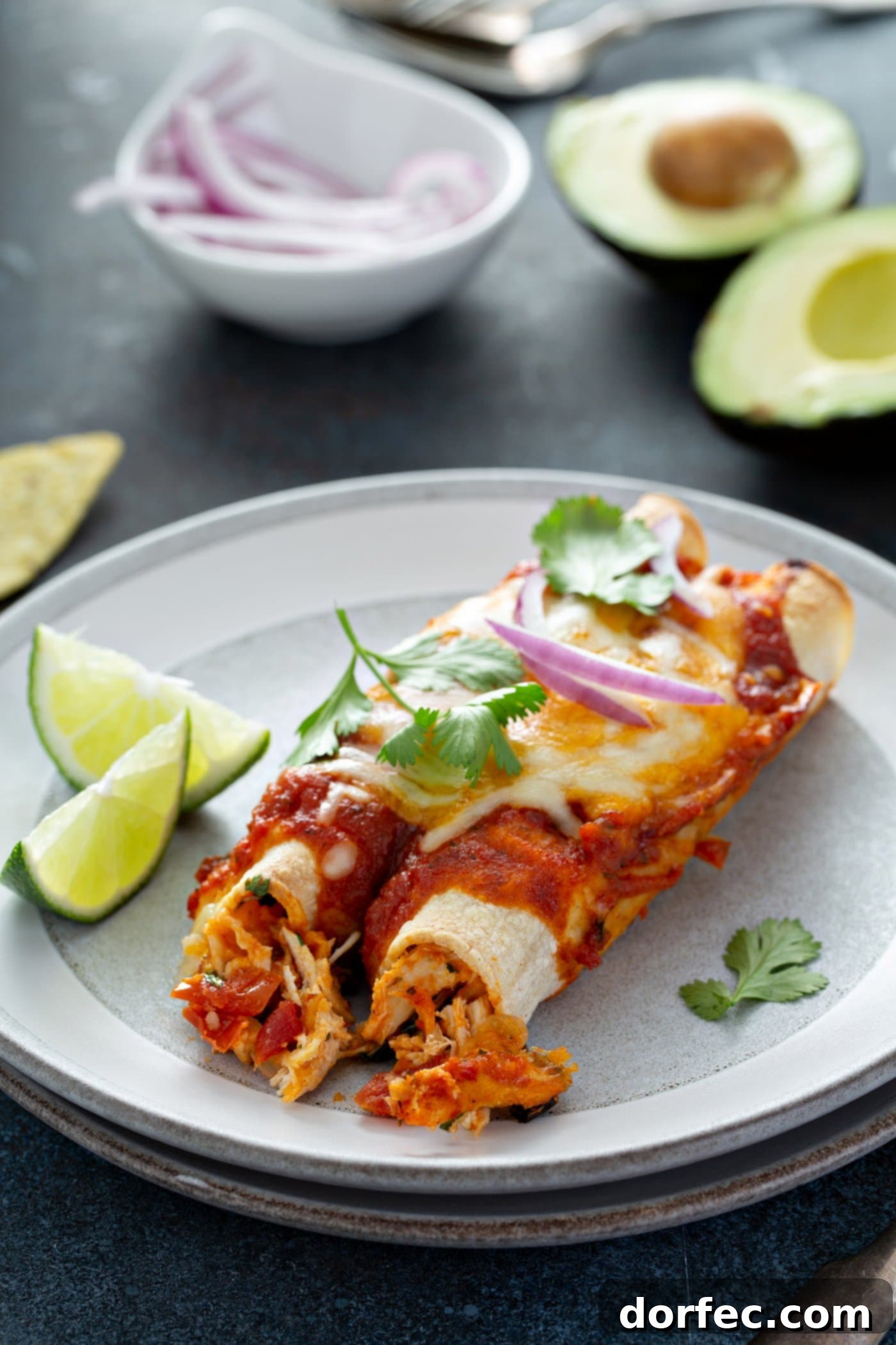 Red Chicken Enchiladas Two red chicken enchiladas on a white dinner plate. They are topped with red sauce, melted cheese, and cilantro leaves. There are two lime wedges next to the enchiladas and cilantro leaves are scattered over the top of the enchiladas and plate. There is a halved avocado, a bowl of