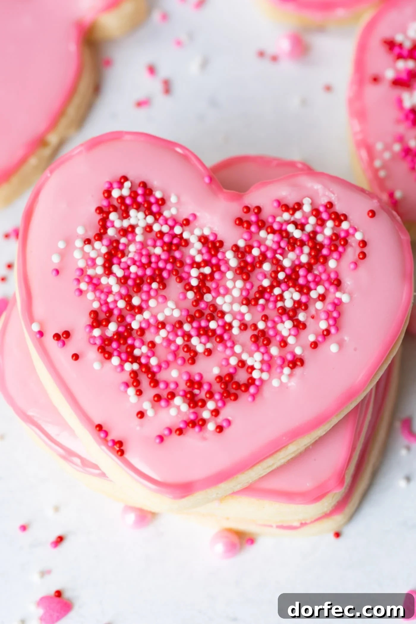 Classic Sugar Cookies 2 A stack of perfectly pink heart-shaped cut-out sugar cookies, adorned with colorful sprinkles, showcasing their soft texture and defined edges.