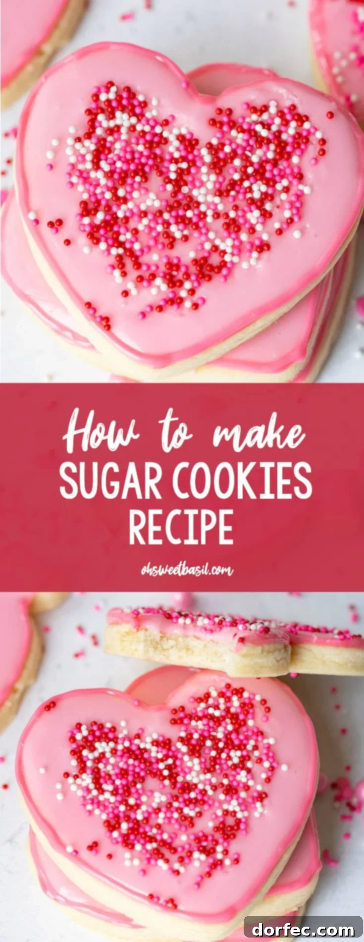 Classic Sugar Cookies 10 A large stack of beautifully decorated pink heart-shaped cut-out sugar cookies, topped with colorful sprinkles, creating an inviting and festive display.