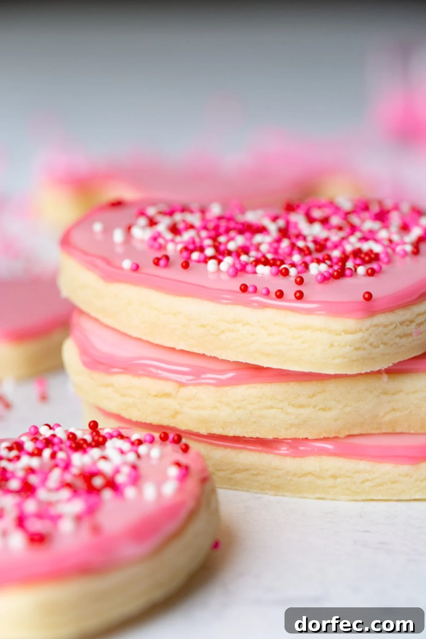 Classic Sugar Cookies 3 A charming close-up of pink heart-shaped sugar cookies, adorned with playful sprinkles, arranged in a stack with more cookies scattered in the background.