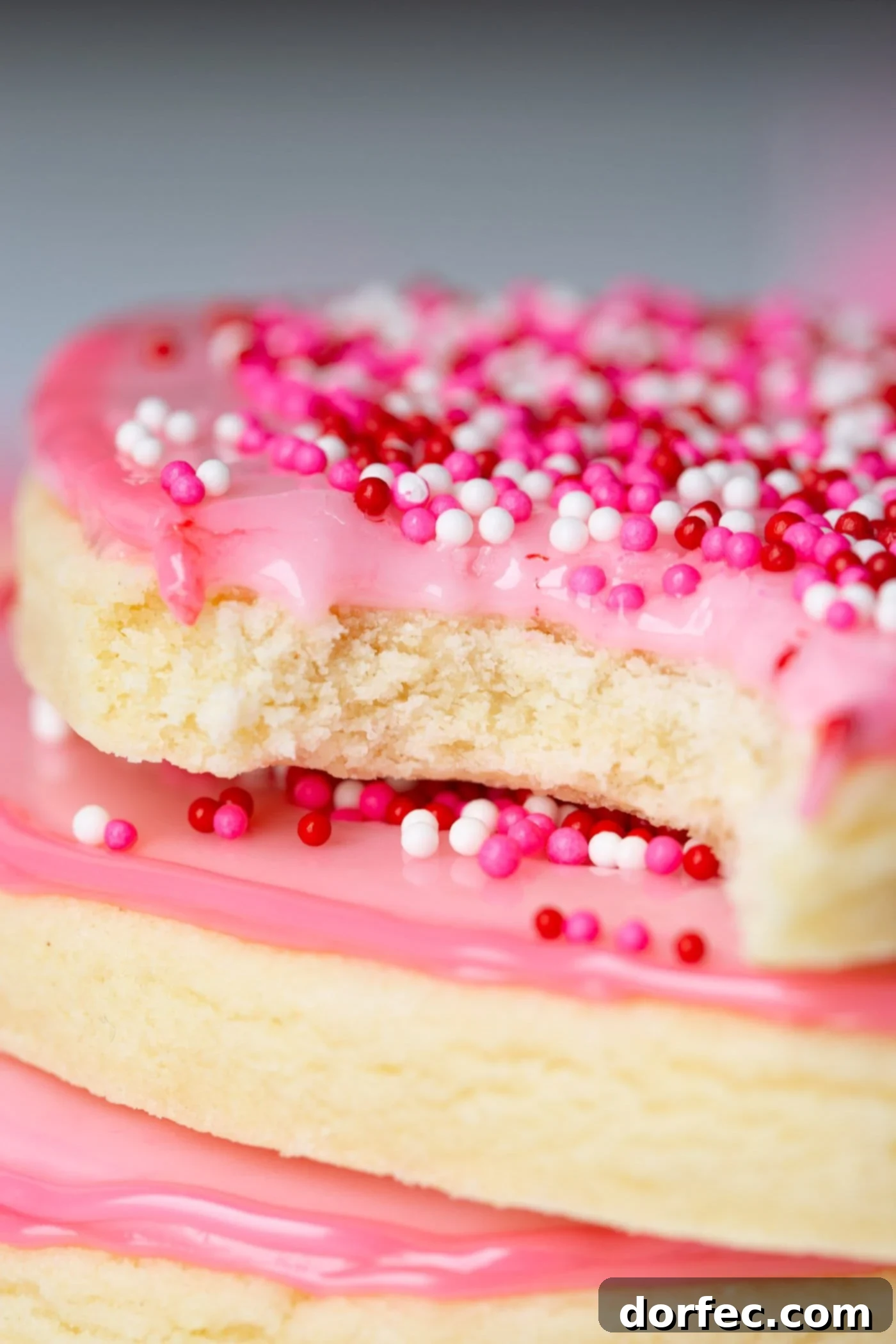 Classic Sugar Cookies 4 A stack of perfectly pink heart-shaped sugar cookies, adorned with colorful sprinkles, with more decorated cookies visible in the soft background.