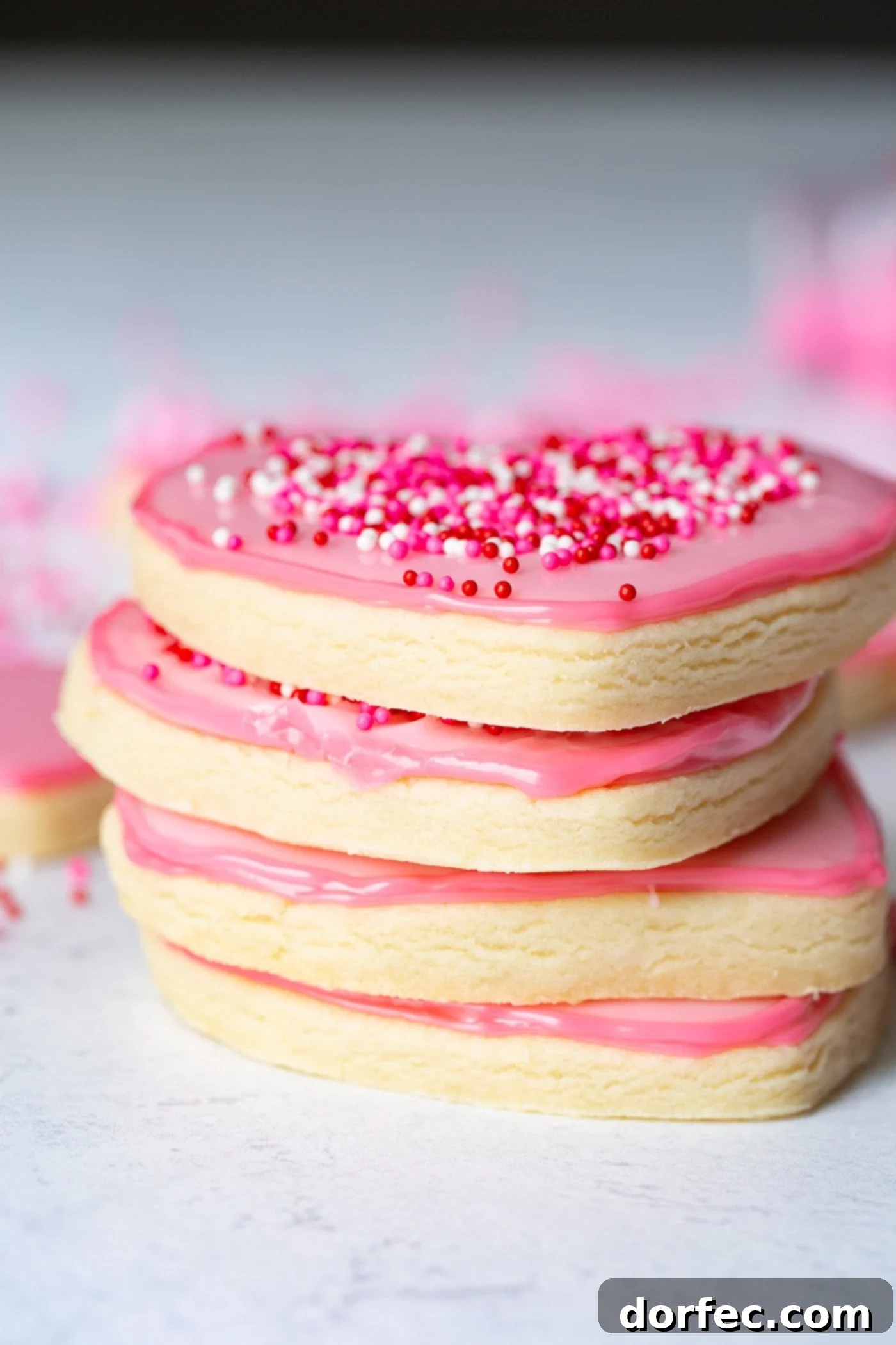 Classic Sugar Cookies 5 A stack of delightful pink heart-shaped sugar cookies, decorated with festive sprinkles, with more cookies in the soft focus background, emphasizing their appealing texture.