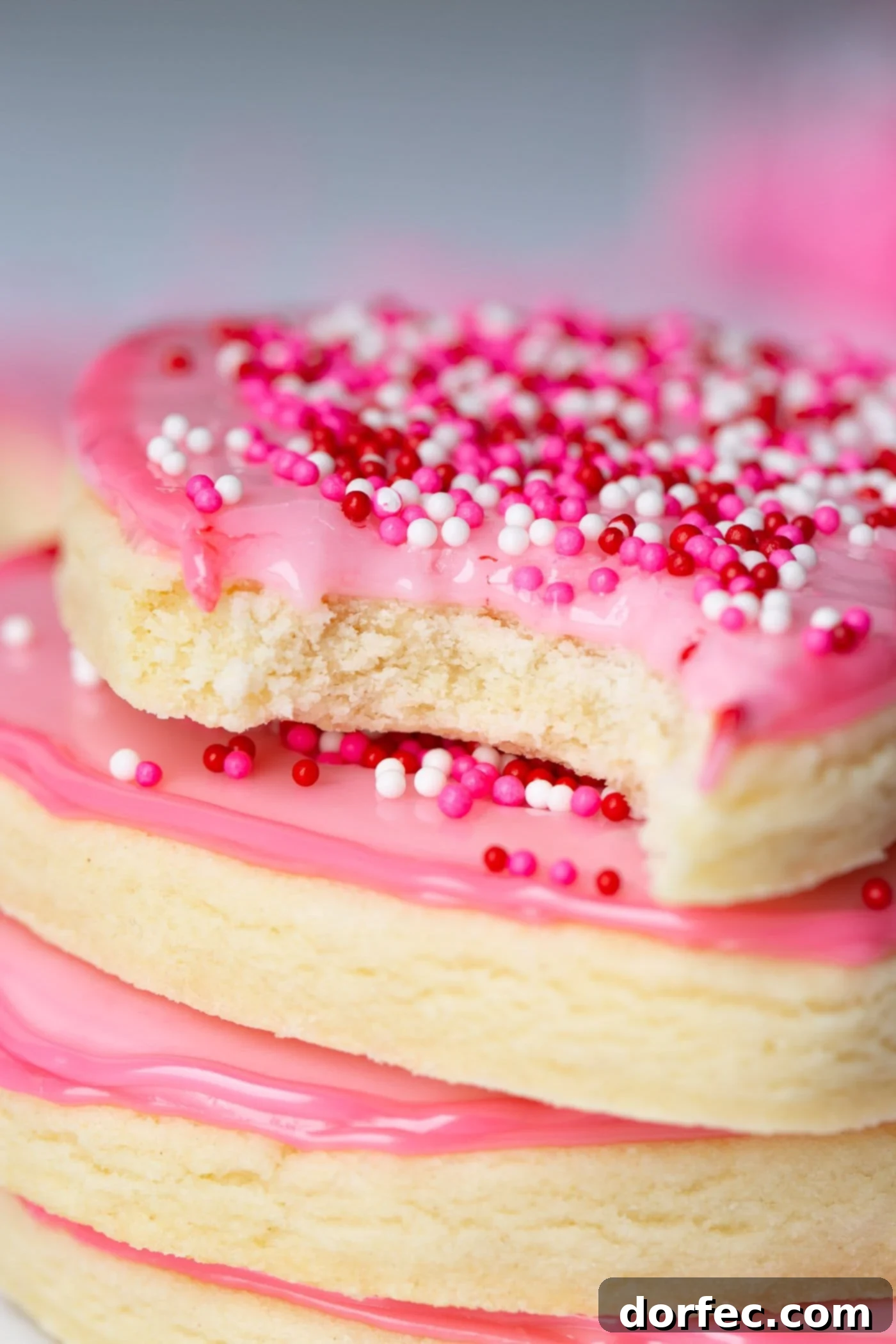 Classic Sugar Cookies 7 A beautifully frosted pink heart sugar cookie, decorated with vibrant sprinkles, captured in a close-up.