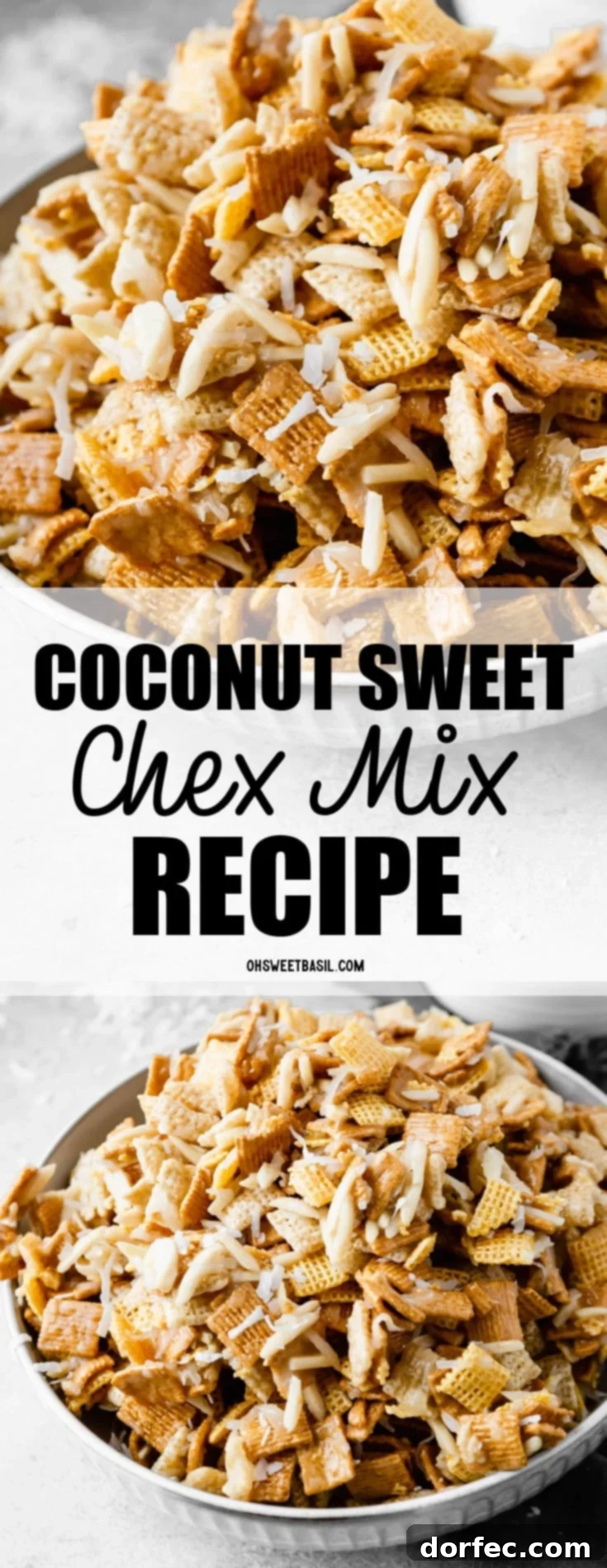 A beautifully composed shot of Coconut Sweet Chex Mix in a rustic bowl, highlighting the varied textures and the irresistible sweet coating, ready to be enjoyed as a delightful snack.