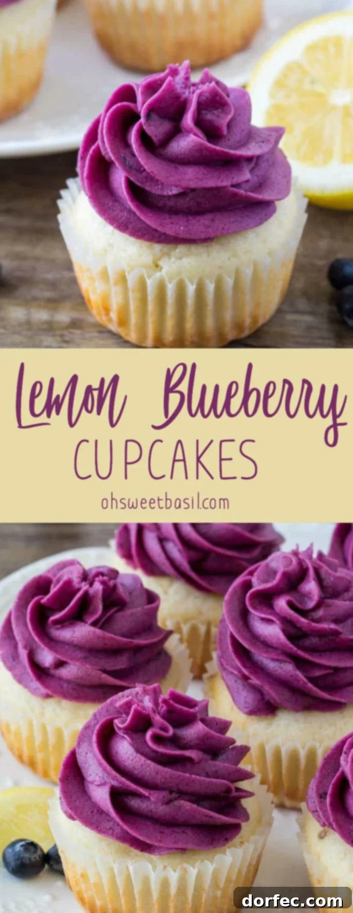 Sunshine Lemon Blueberry Cupcakes 7 A close-up of a moist lemon cupcake topped with creamy blueberry frosting, with a blurred background of more delectable lemon blueberry cupcakes.