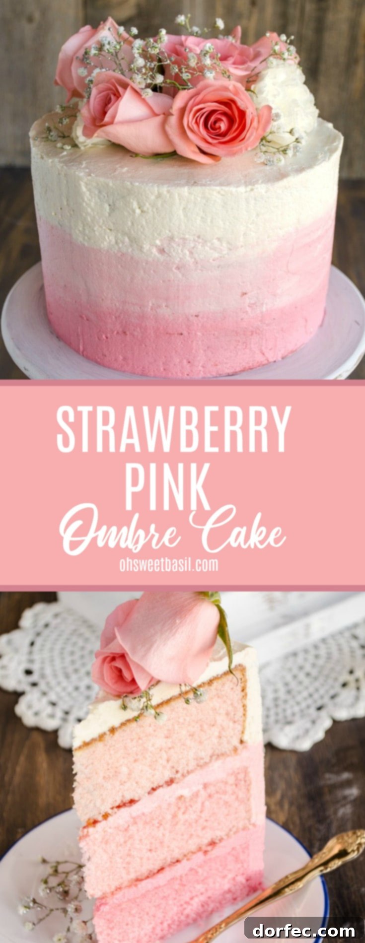 A slice of a pink three-layer ombre Mothers Day strawberry cake, adorned with fresh pink roses and sparkling sprigs of baby's breath, perfectly presented on a plate with a gold fork.