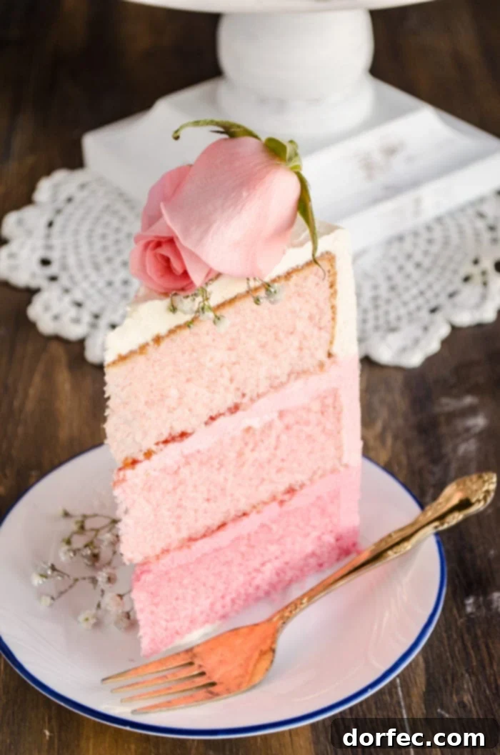 A close-up shot of a slice of the ombre cake showcases its beautiful gradient of three distinct pink layers, meticulously arranged on a plate alongside a silver fork, enticing you to savor its deliciousness.