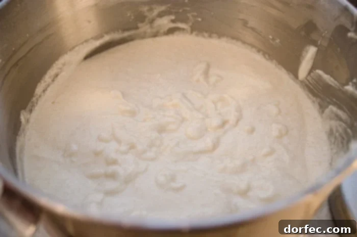 The bowl of a stand mixer is filled with creamy, smooth white cake batter, ready to be divided and colored for the ombre effect.