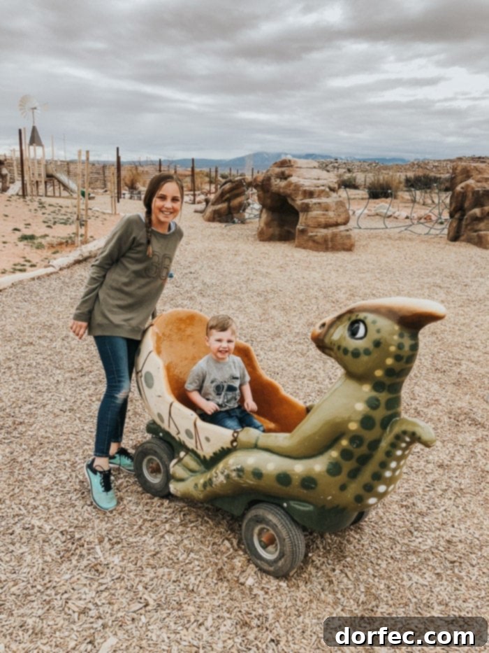 Walking path with dinosaur statues at Moab Giants, Utah