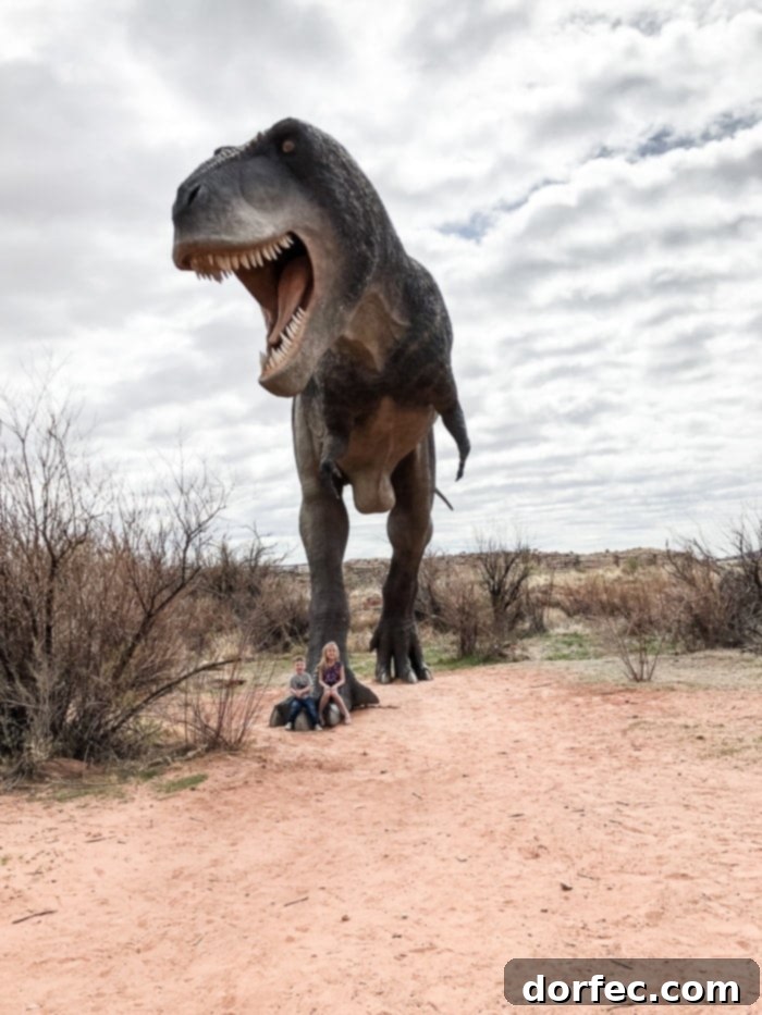 Close up of a dinosaur statue at Moab Giants, perfect for photos