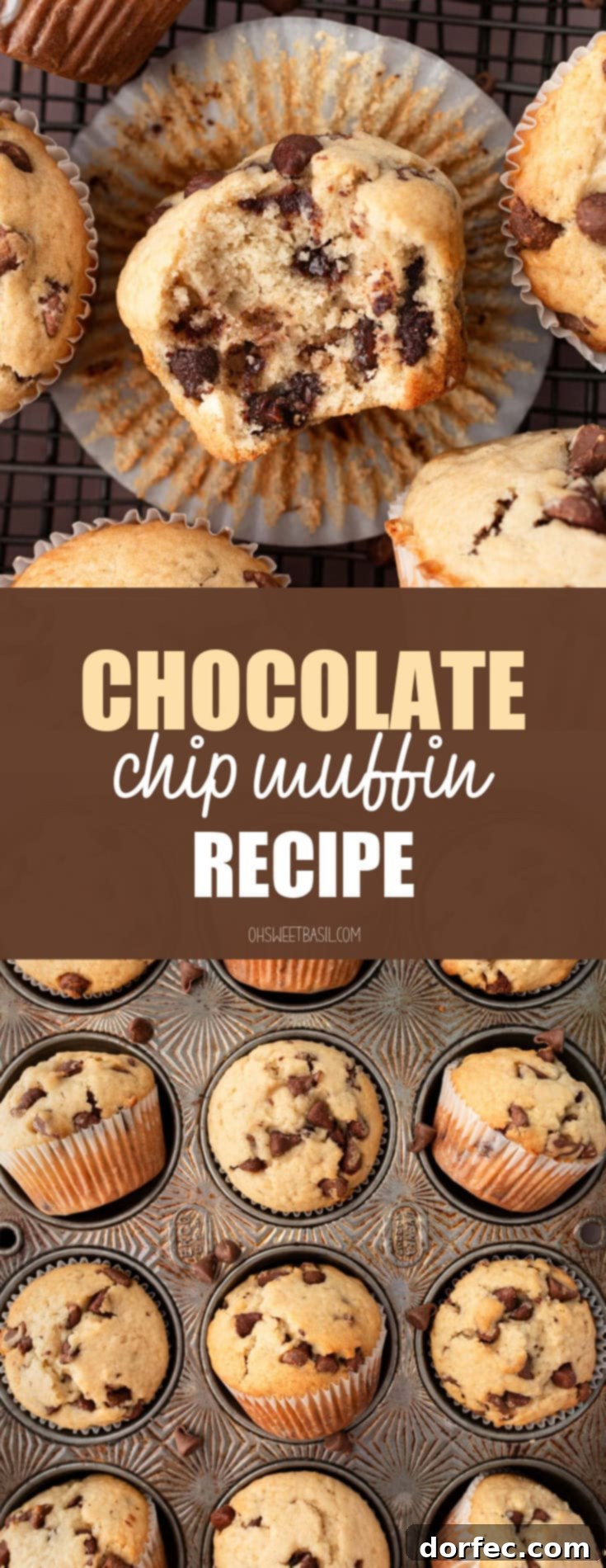Bakery Style Chocolate Chip Muffins 13 A warm chocolate chip cookie muffin, half-eaten, resting on its side amidst a scattering of whole, perfectly baked muffins, inviting a taste.
