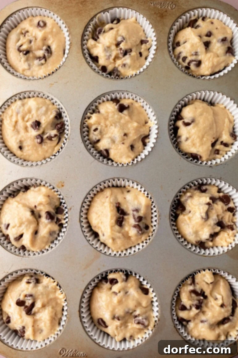 Bakery Style Chocolate Chip Muffins 8 Muffin batter being scooped into lined muffin cups, ready for baking.