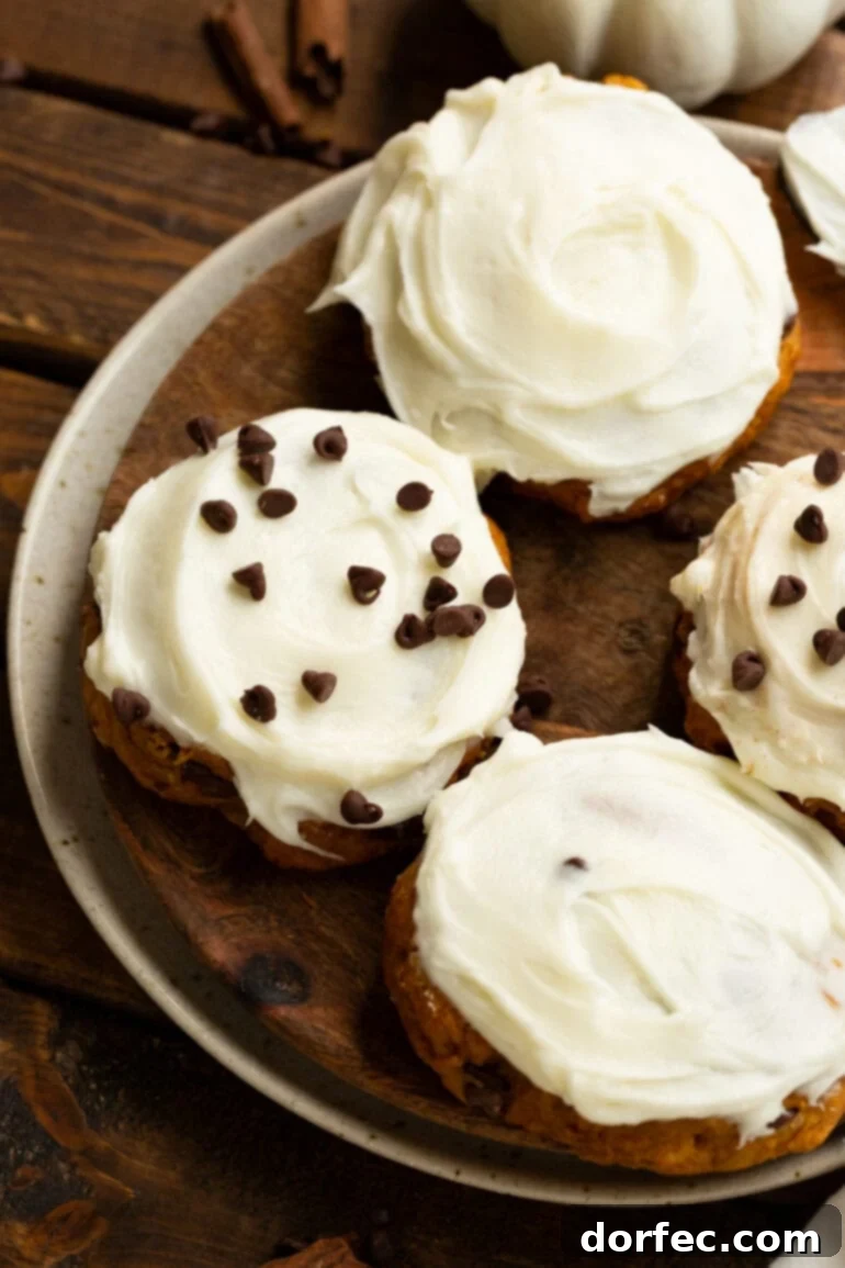 A festive tray of four pumpkin chocolate chip cookies, richly frosted with cream cheese. Two cookies are adorned with mini chocolate chips, ready for a fall gathering.