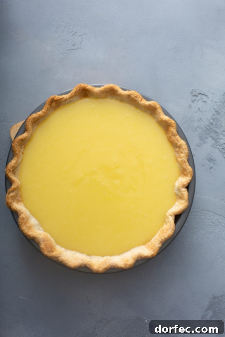 Family Recipe Lemon Meringue Pie 8 A picture or a lemon pie. The filling is bright yellow and the crust is light golden brown.