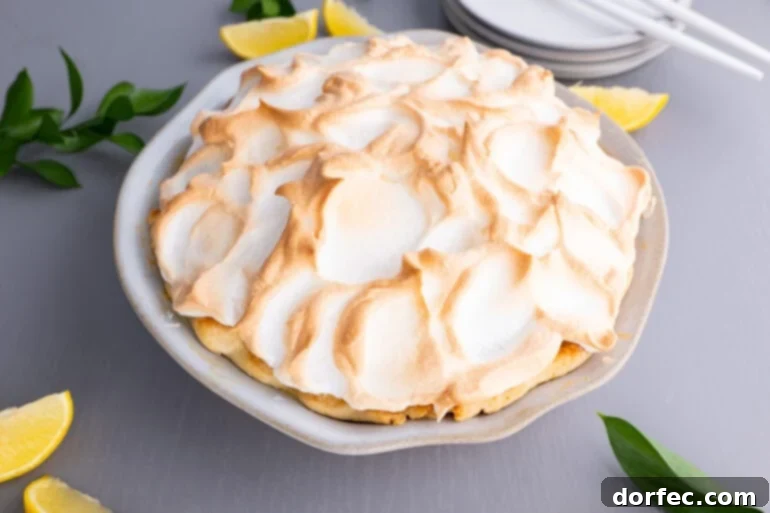 Family Recipe Lemon Meringue Pie 9 a photo of a whole lemon meringue pie with golden fluffy topping
