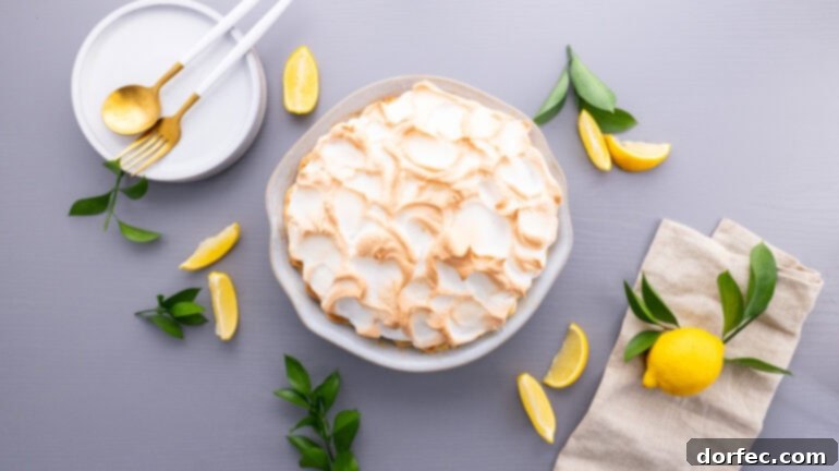 Family Recipe Lemon Meringue Pie 3 a photo taken over the top of a lemon meringue pie with golden meringue on top and slices of lemon scattered around it