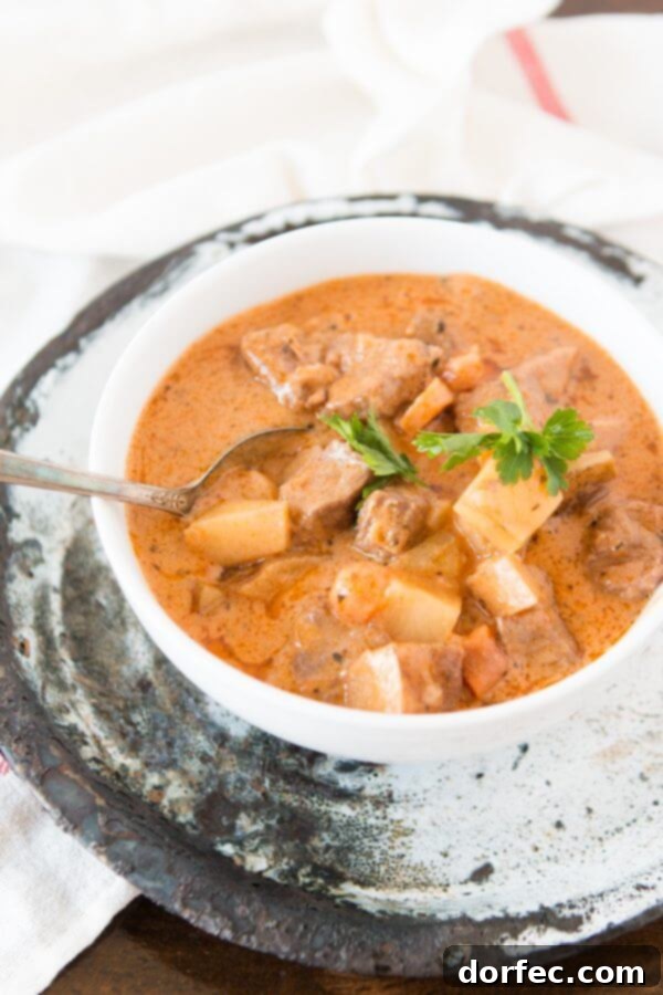 Easy Homemade Beef Stew - Versatile Cooking Methods A large pot of Mom's Famous Slow Cooker Stew ready for serving.