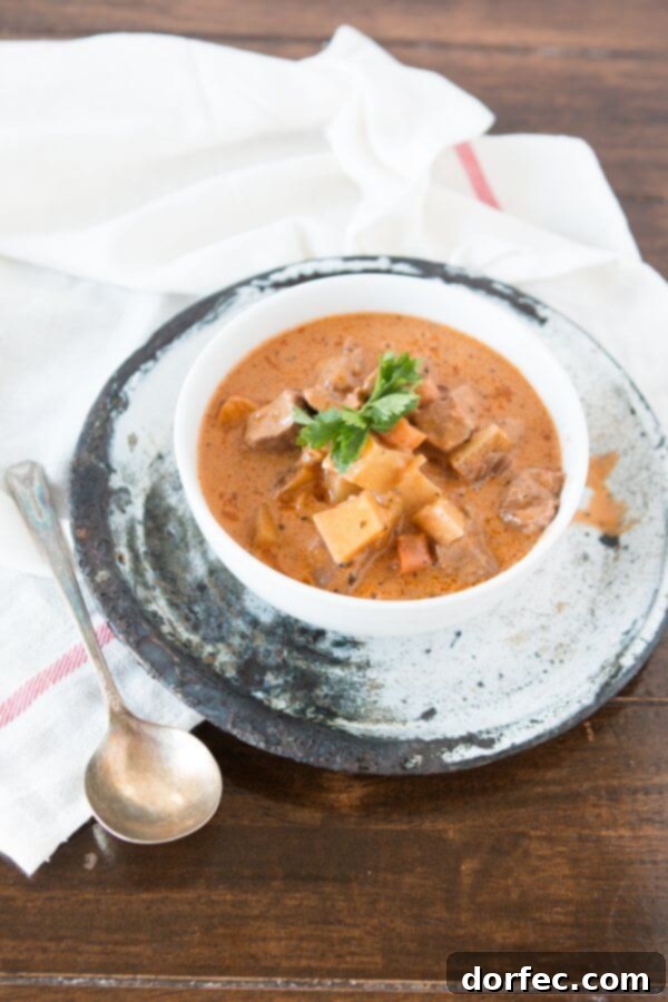 Hearty Beef Stew with Crusty Rolls for Dipping Serving delicious, warm slow cooker beef stew in a bowl with a side of rolls.