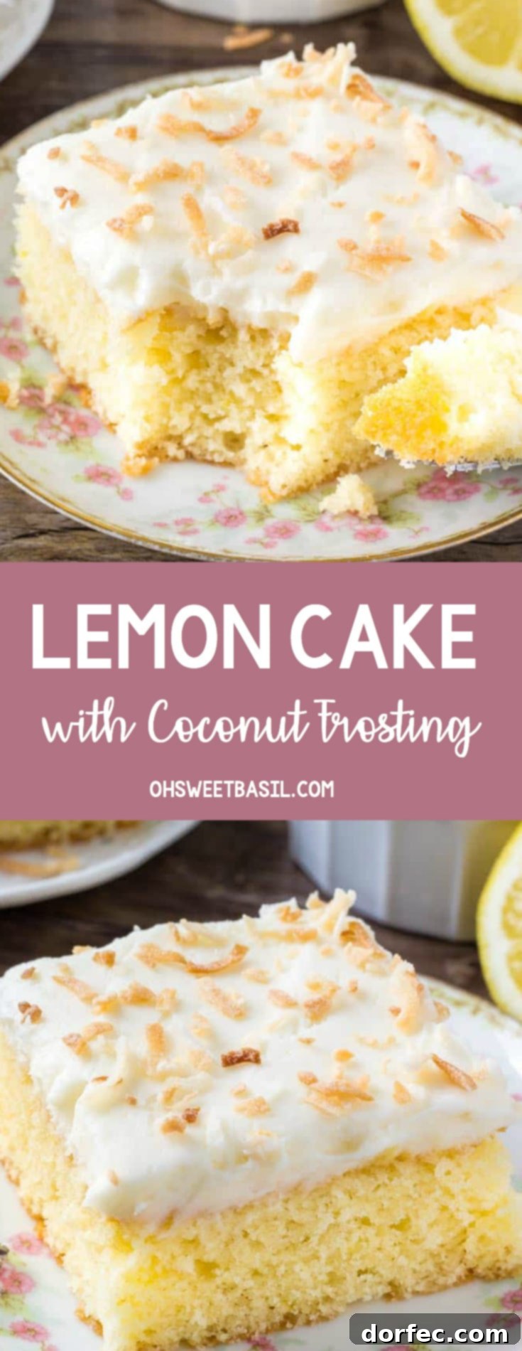 A beautiful slice of lemon coconut cake with fluffy coconut frosting, generously topped with golden toasted coconut flakes.