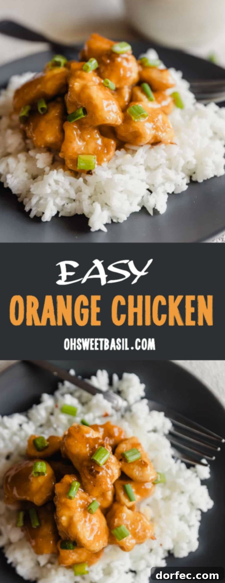 A dark plate with fluffy white rice and orange chicken sprinkled with green onions over the top and a white bowl with extra orange sauce in the background