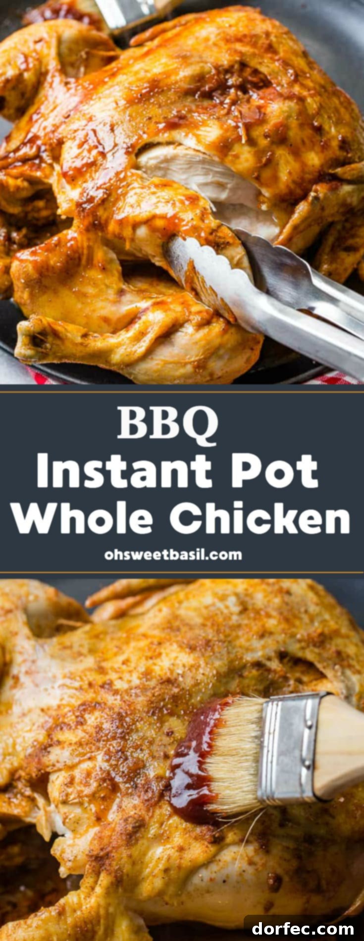 Ultimate Instant Pot BBQ Whole Chicken 6 A red and white checkered napkin under a grey plate with a bbq instant pot whole chicken on top!