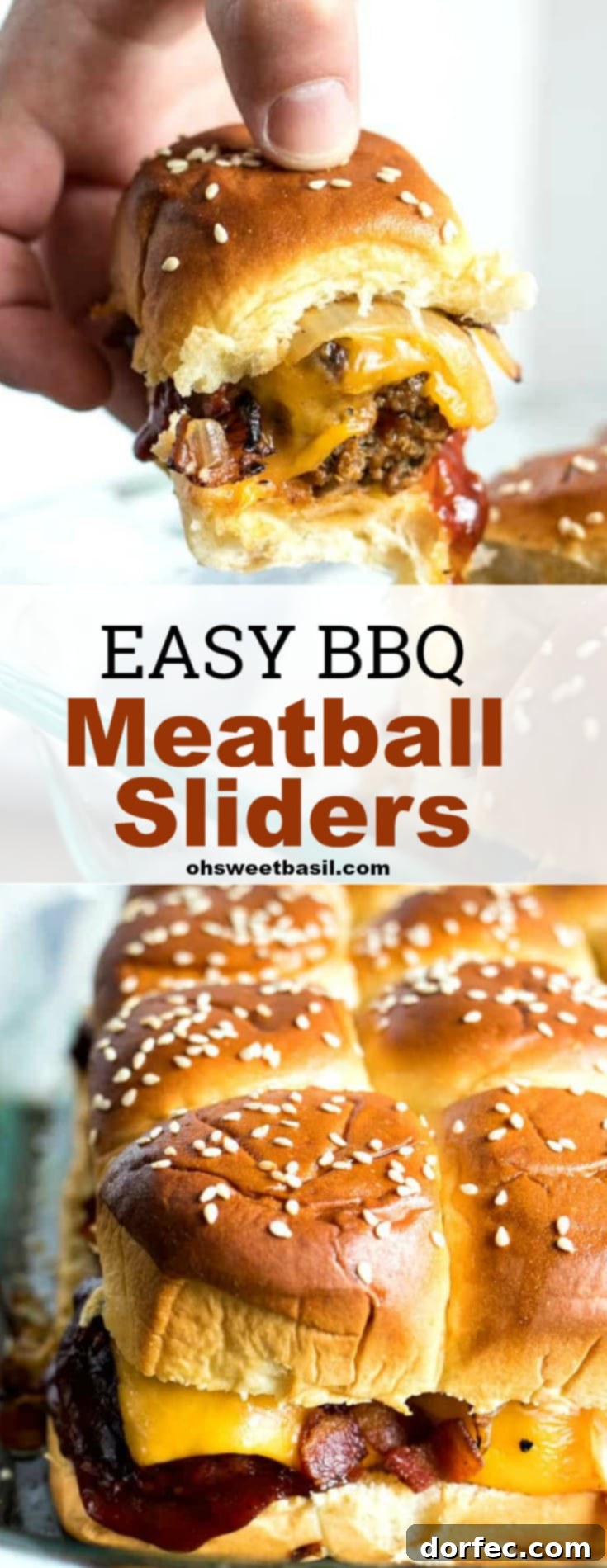 Meatball BBQ Sliders with cheddar cheese, sautéed onions, crispy bacon and then sandwiched between sweet Hawaiian rolls.