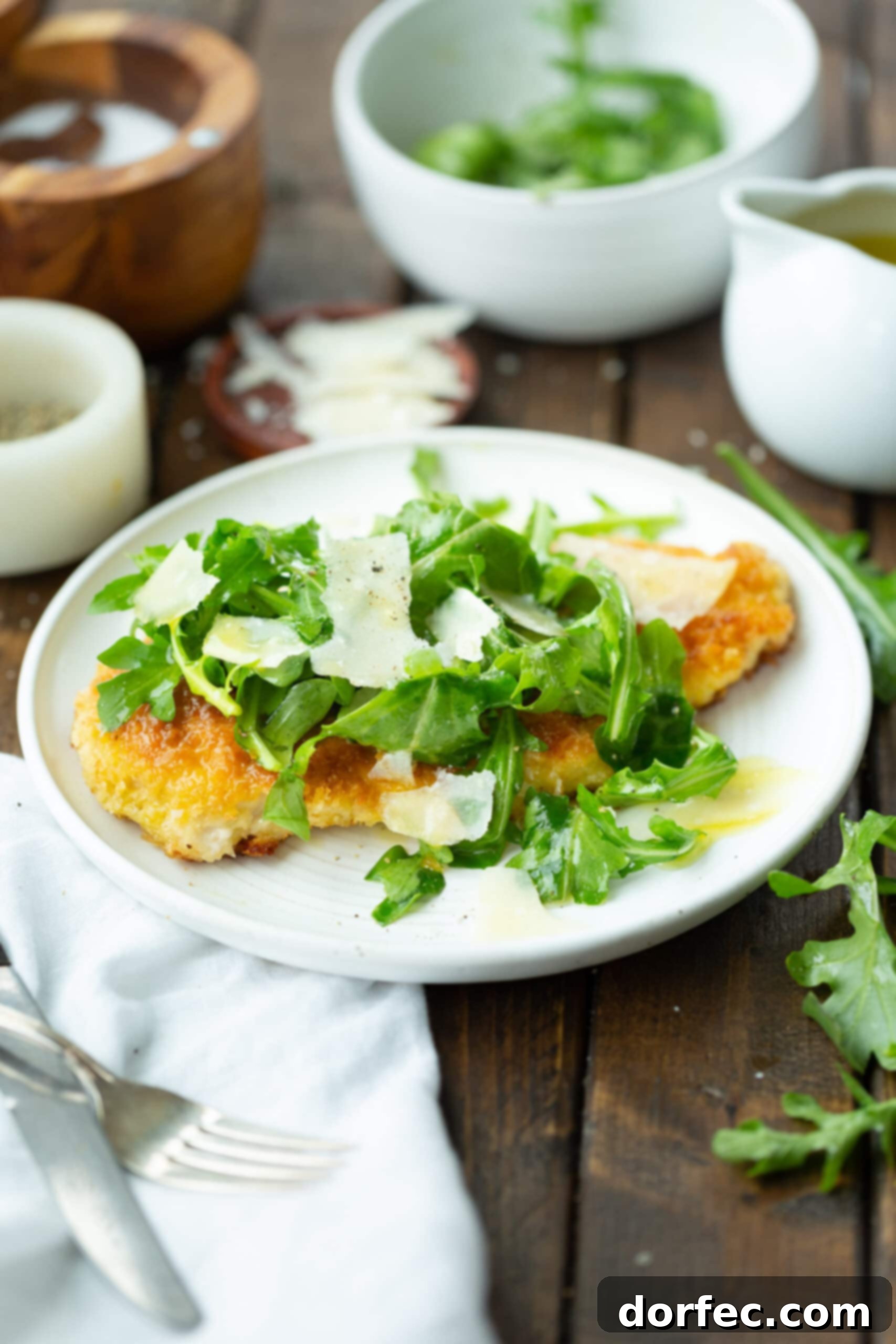 A perfectly lightly breaded, golden chicken breast served on a pristine white dinner plate. It's elegantly crowned with a fresh mound of salad greens, glistening with a lemon vinaigrette, and adorned with delicate pieces of shaved Parmesan.