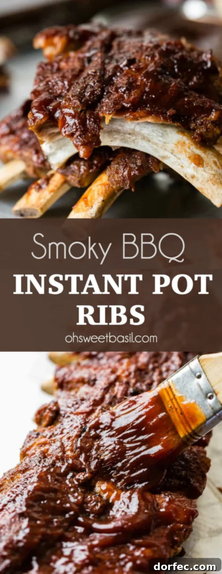 A baking sheet with a rack of ribs and a basting brush slathering on bbq sauce to make the smoky bbq instant pot ribs recipe