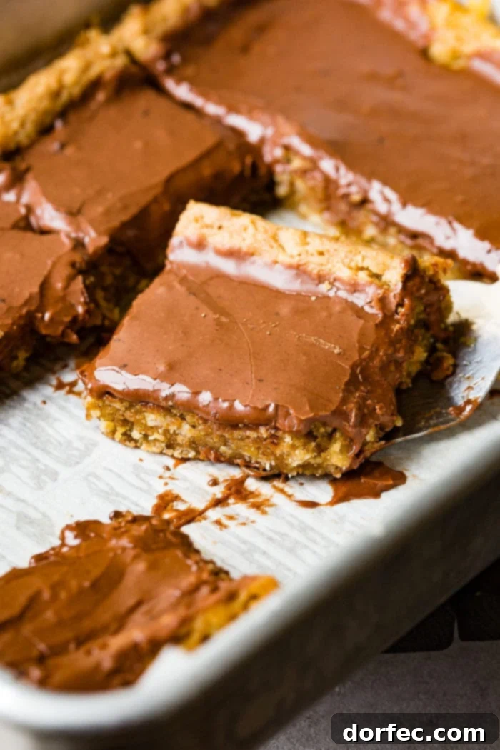 Close-up of a perfectly cut Chocolate Peanut Butter Bar, showcasing its layered texture.