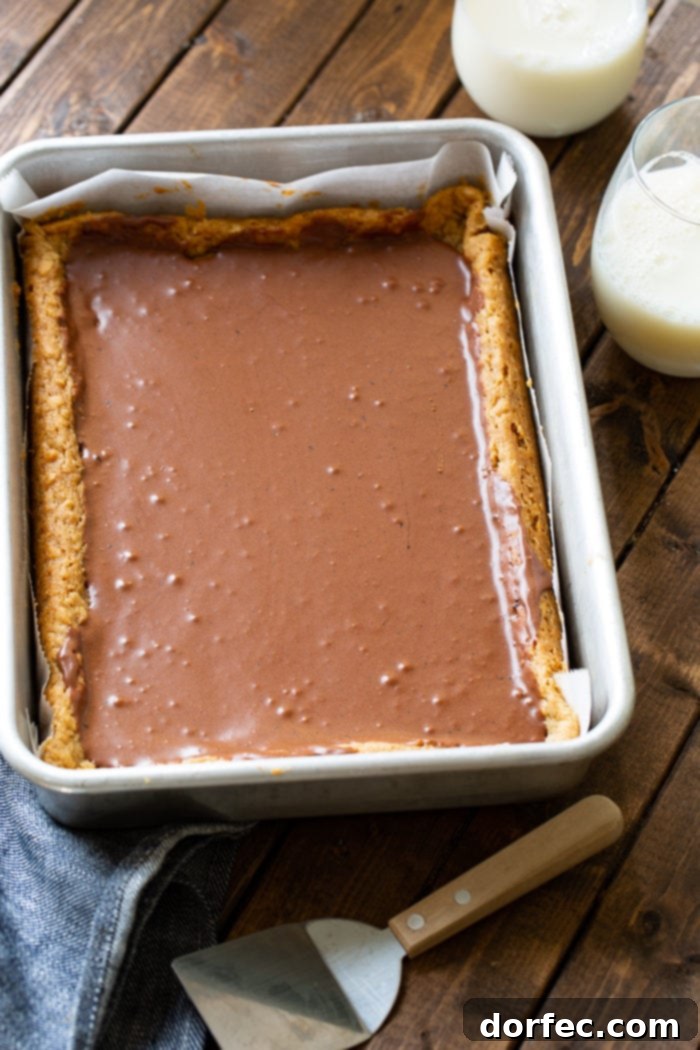 A 9x13 pan filled with baked, uncut chocolate peanut butter bars, freshly frosted.