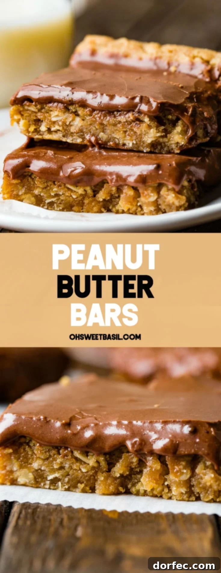 A beautiful stack of three chocolate peanut butter bars, frosted and ready to eat.