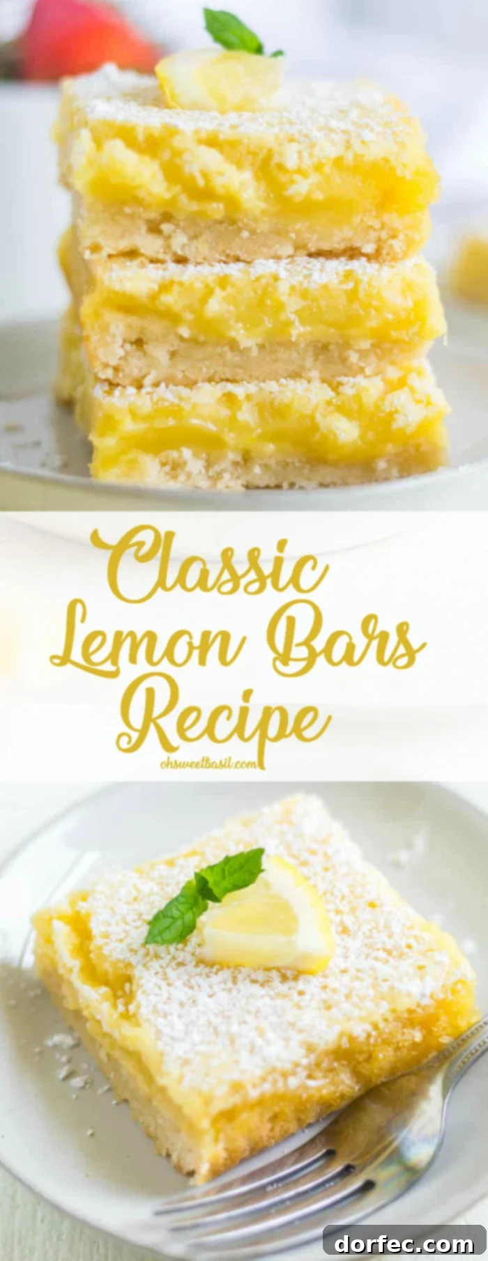 Bright and Tangy Lemon Bars 3 Stacked lemon bars with a buttery crust and gooey lemon filling.