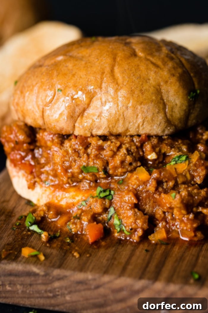 Close-up of a perfectly sauced ground turkey sloppy joe on a rustic wood board