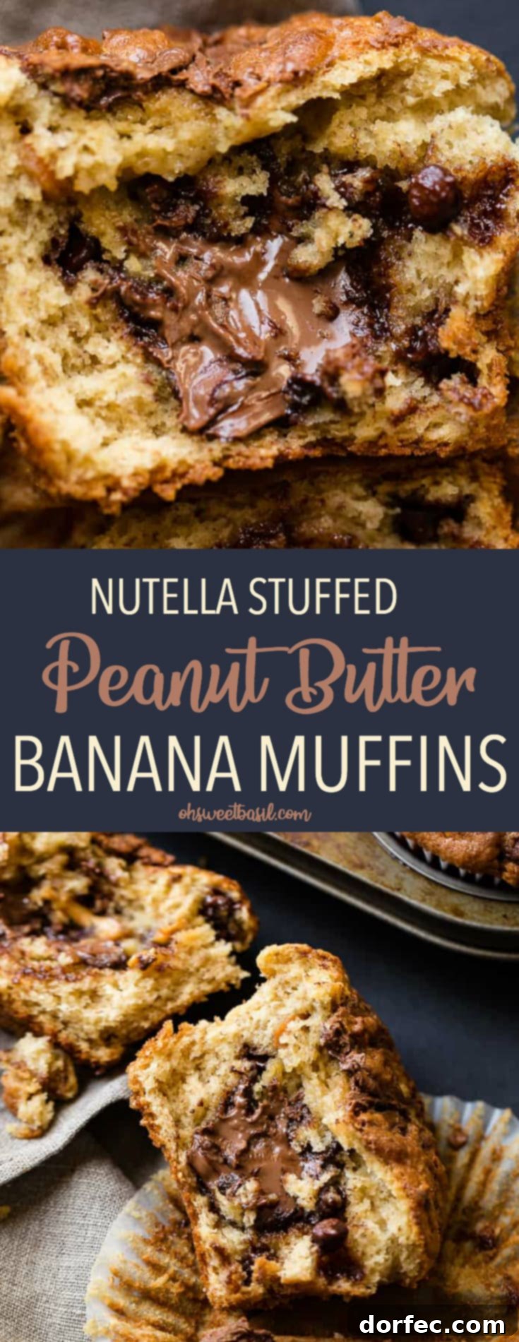 Nutella Surprise Peanut Butter Banana Muffins 11 Final image of Nutella Stuffed Peanut Butter Banana Muffins, generously loaded with chocolate and peanut butter chips, and a beautiful Nutella swirl on top.