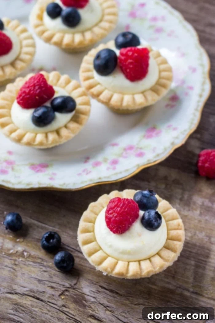 Adorable mini fruit tarts featuring flaky pastry, creamy vanilla filling, and fresh berries.