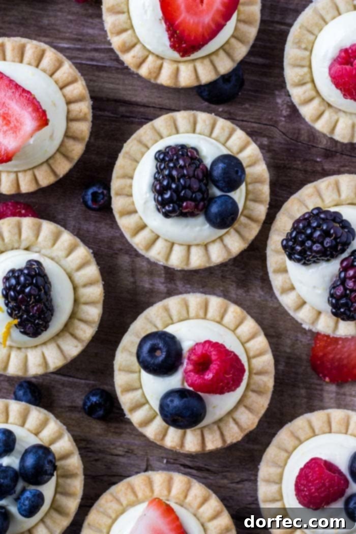 Overhead shot of easy mini fruit tarts with creamy vanilla filling and fresh berries.